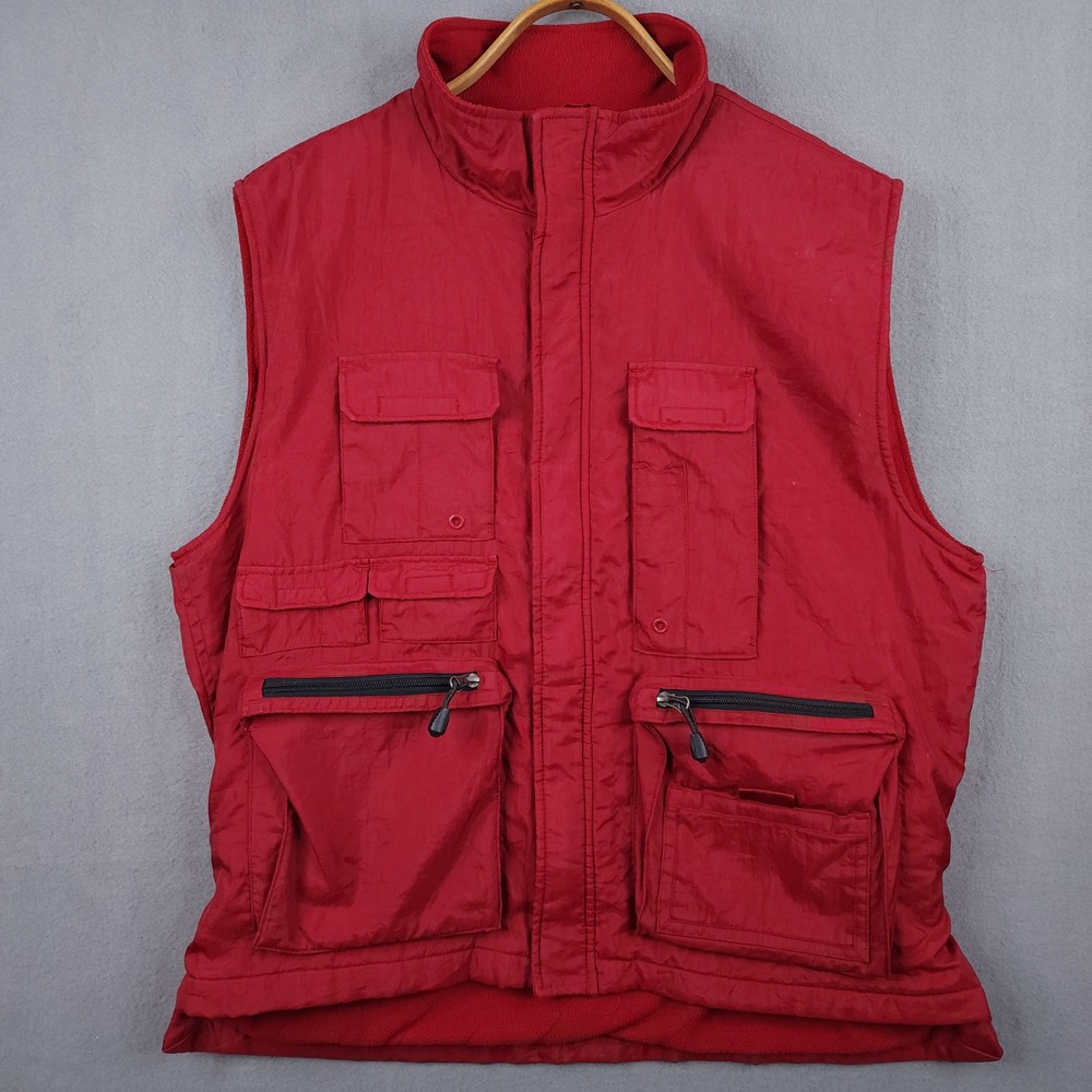 GAP Utility Vest Mens Large Red Gorpcore Fleece Lined Multi Pocket‎ Full Zip